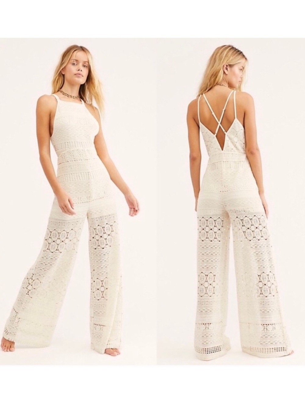 NWT FREE PEOPLE moon bay Jumpsuit crochet Pants Sz M